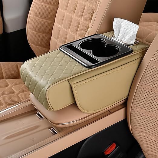 Car Armrest Box Pad Universal Storage Bag, Elbow Support, Soft Cushion & Cup Holder for All Cars (With Tissue) - Image 6